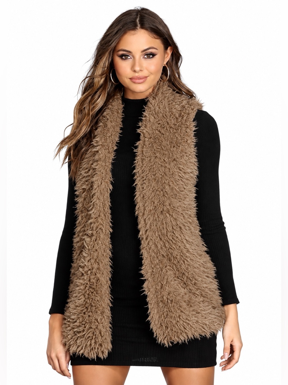 Ashley By 26 Tan Shaggy Fluffy Teddy Bear Faux Fur Vest Jacket L